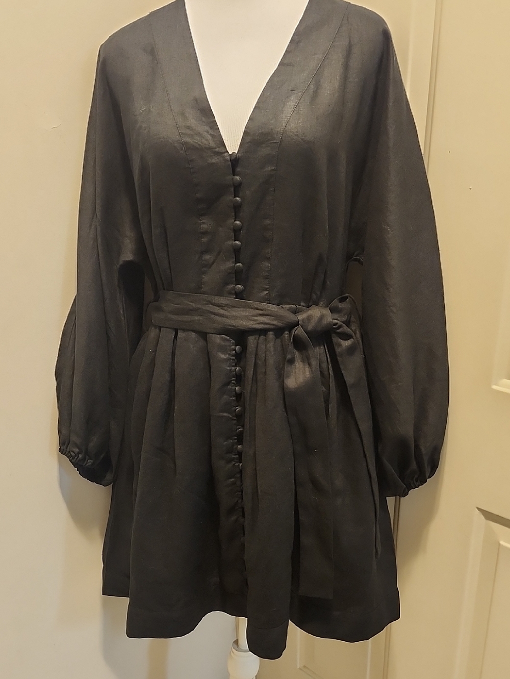 Banana Republic Black Linen Flowy Shirtdress Dress Medium Ballon Sleeves Deep V